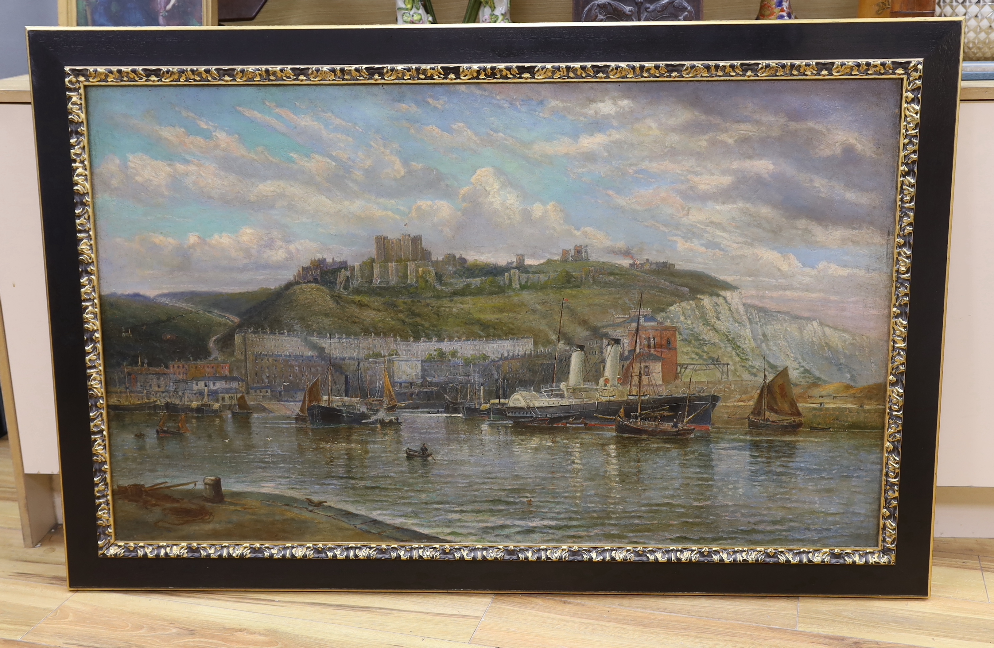 19th century English School, oil on canvas, Ships and paddlesteamers before Dover Castle, 126 x 75cm
